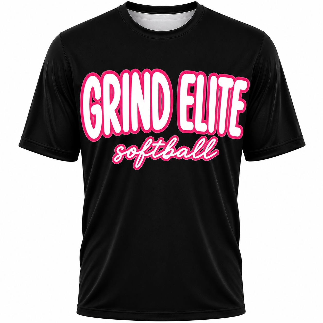 Grind Elite Softball Bubble Script Tee/ White letters Pink outline