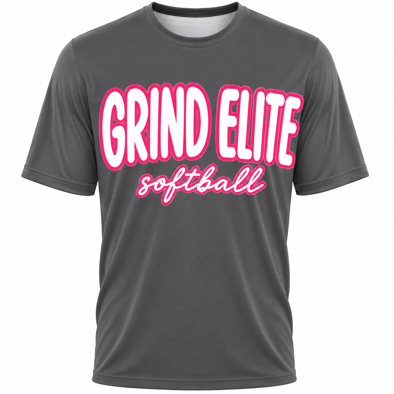 Grind Elite Softball Bubble Script Tee/ White letters Pink outline