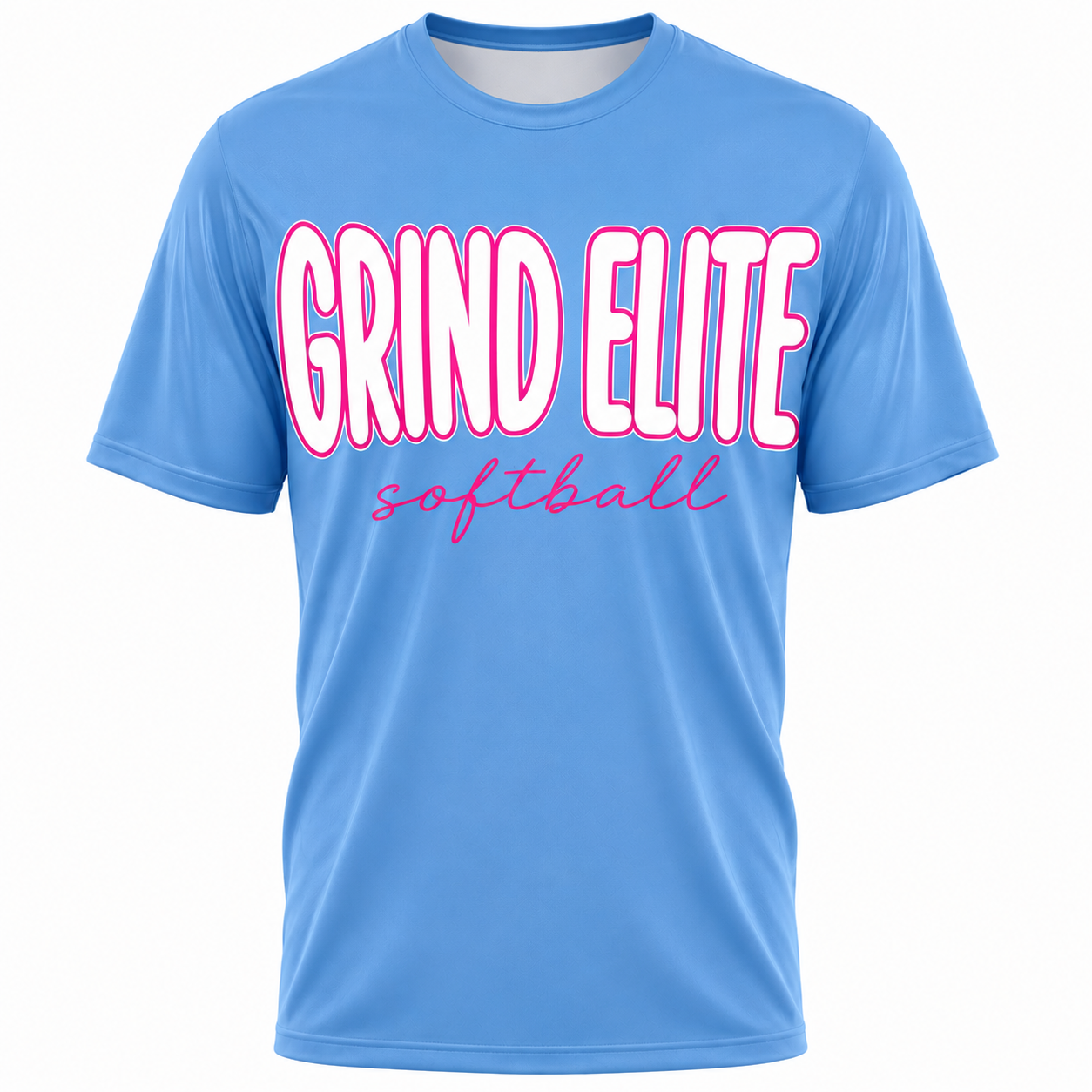 Grind Elite Softball Bubble Script Tee/ White letters Pink outline
