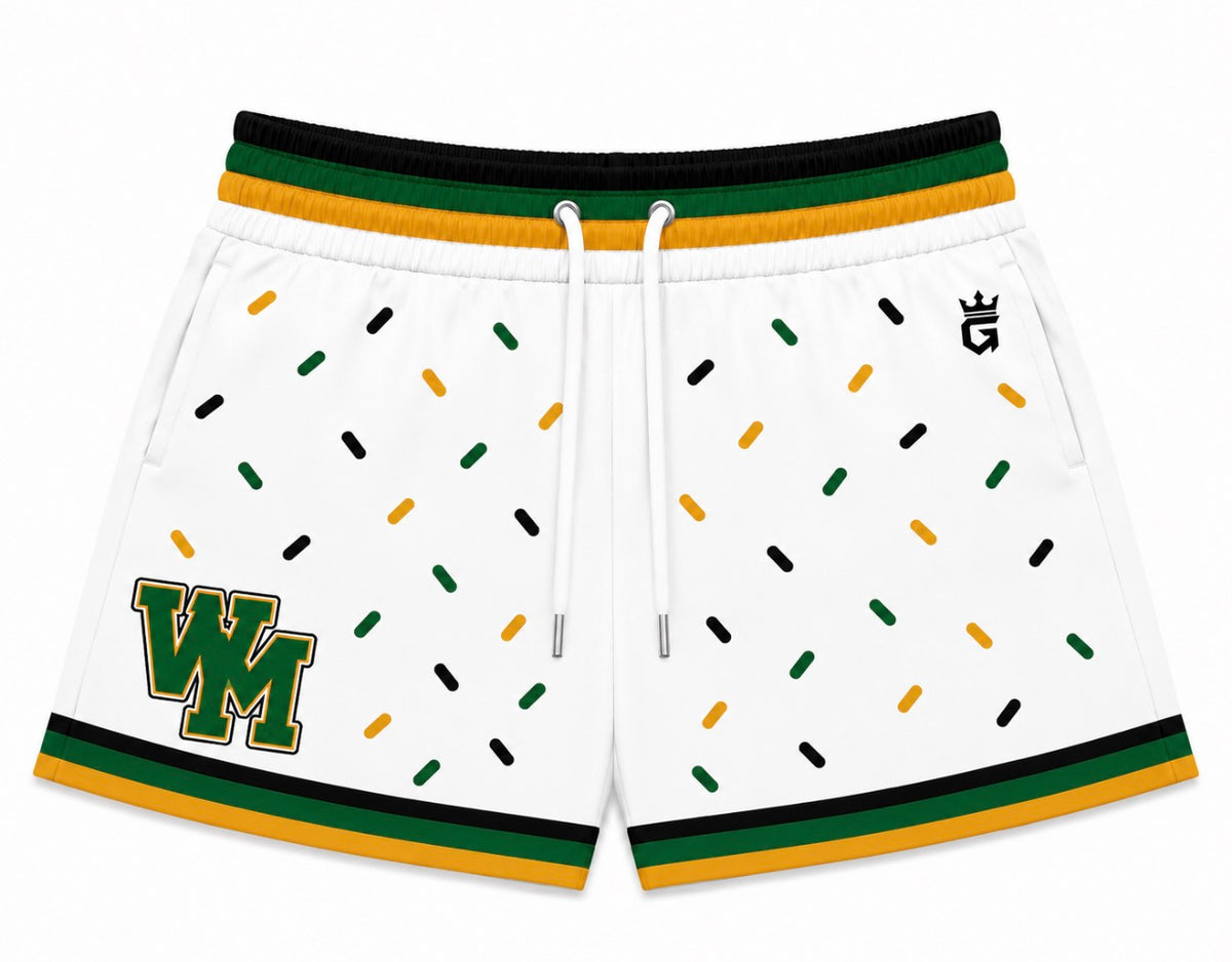White WM logo confetti shorts